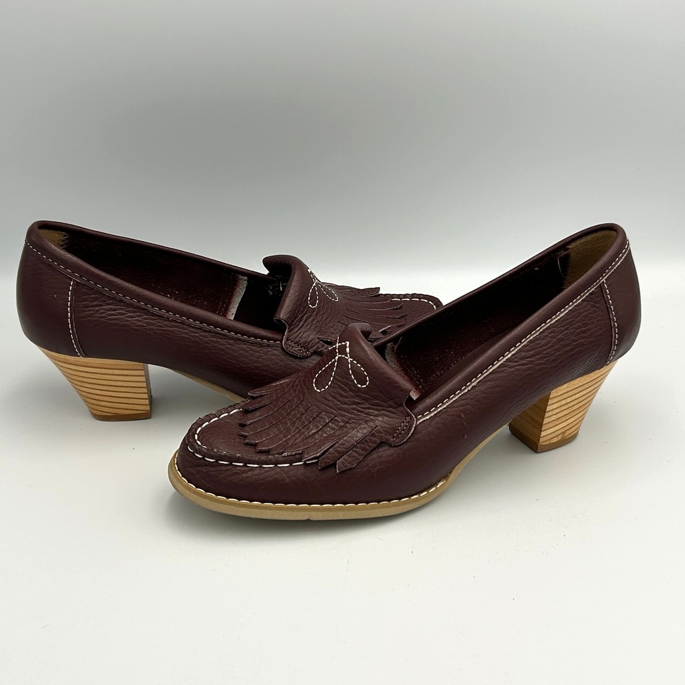 Vintage 1970s Leather Oxford Heels Fringed Kiltie Brown Academia Shoes Women's 6